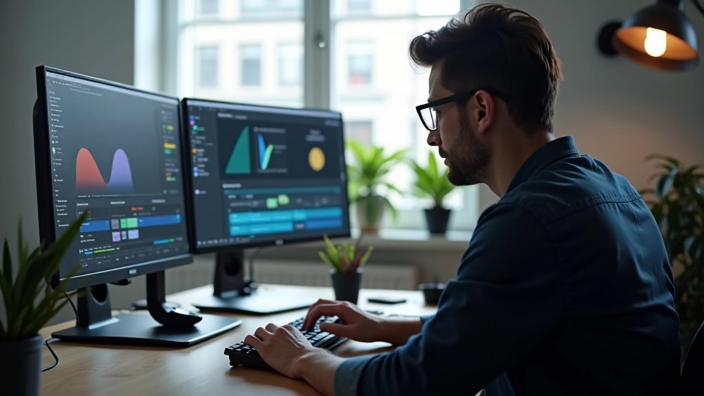 Designer aan het werk met animatiesoftware op grote monitor in moderne studio