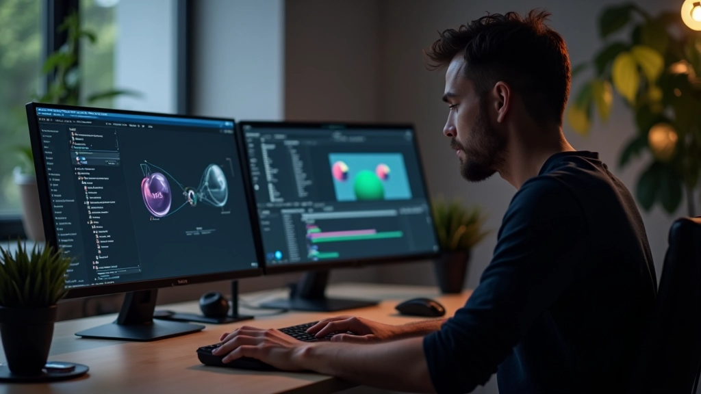 Modern webdesigner aan het werk met animatiesoftware, grote monitoren in professionele studio